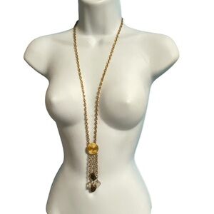 LCi LIZ CLAIBORNE Long Gold Necklace Dangles Toggle Clasp